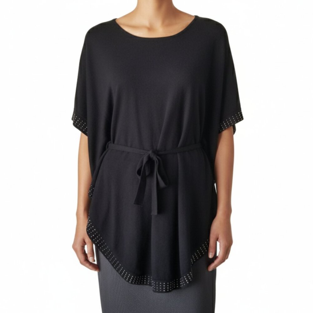 Cartise Top Asymmetrical Hem Rhinestone Trim Belted Black Womens Size Medium